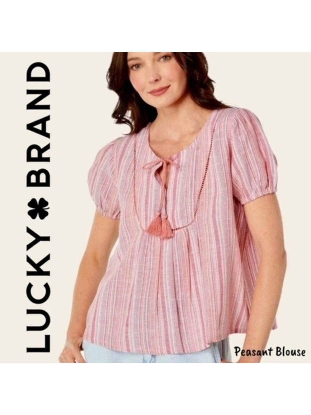 LUCKY BRAND Open Neck Embroidered Short Sleeve Peasant Blouse-Pink Stripe/XL/NWT